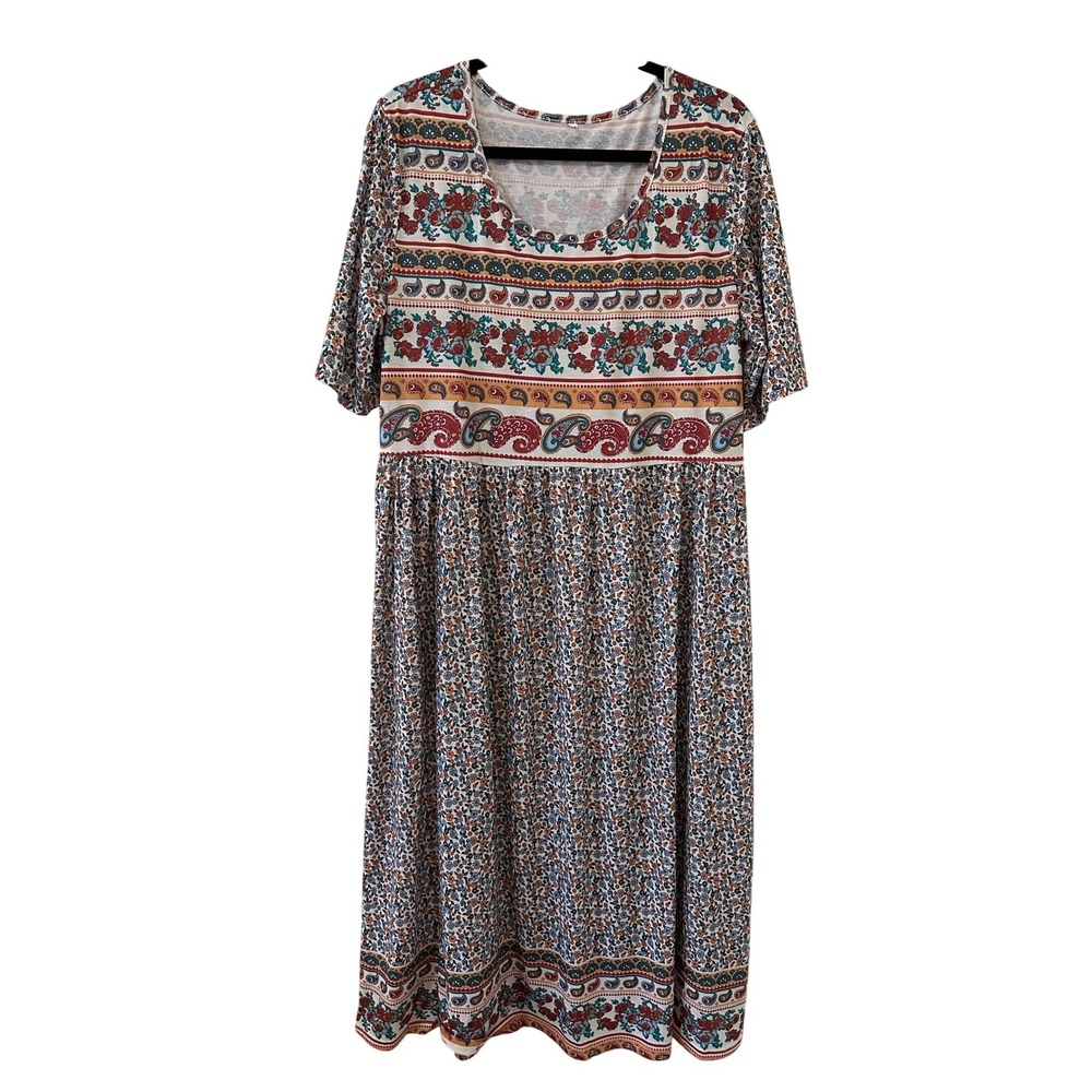 Boho Floral Paisley Print Midi Dress XXL Short Sleeve Multi Color Scoop Neck